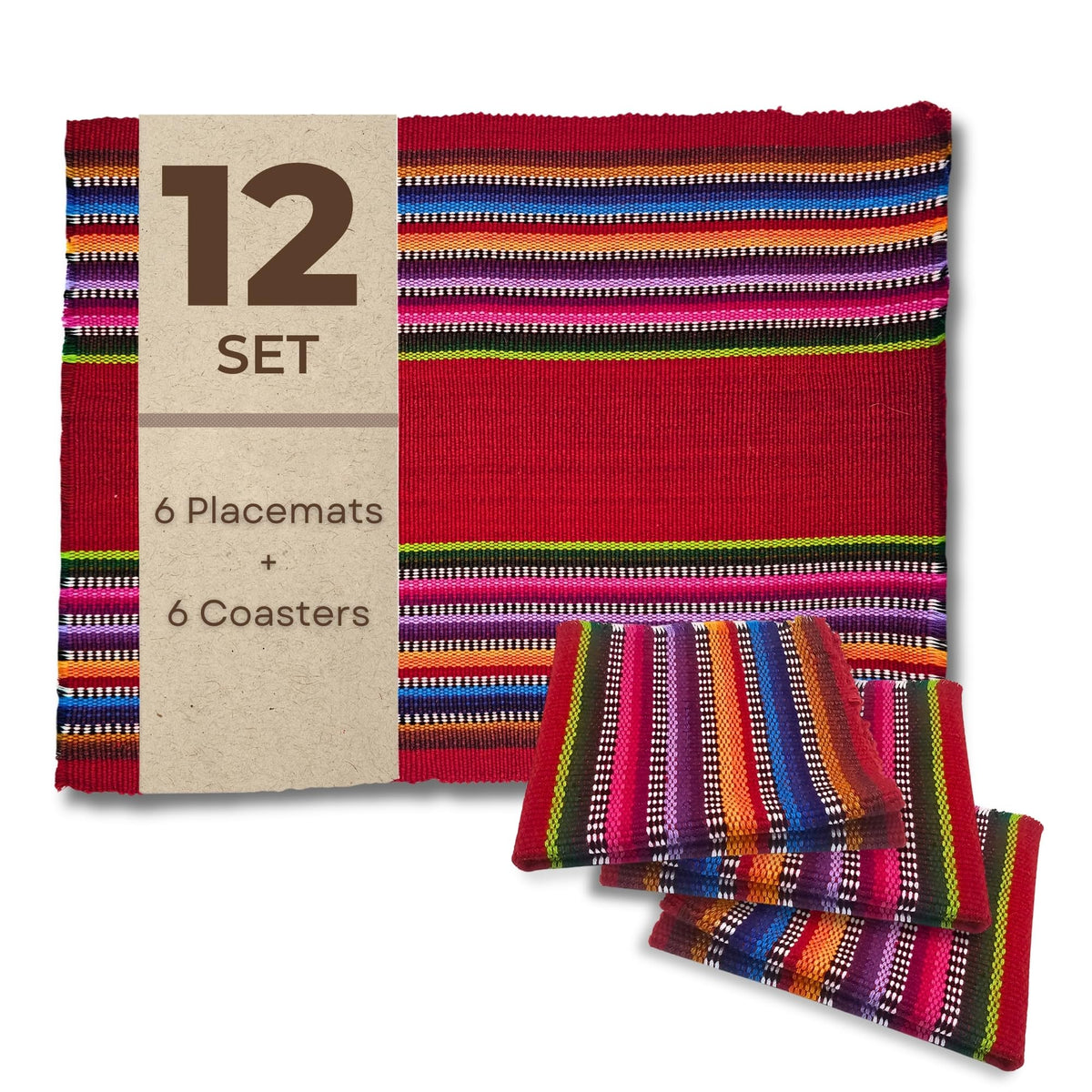 Set of 12 Handwoven Mexican Placemats and Coasters, 6 Cotton Placemats (11 x 15 in) with 6 Matching Drink Coasters, Vibrant Striped Dining Table Decor (Red)