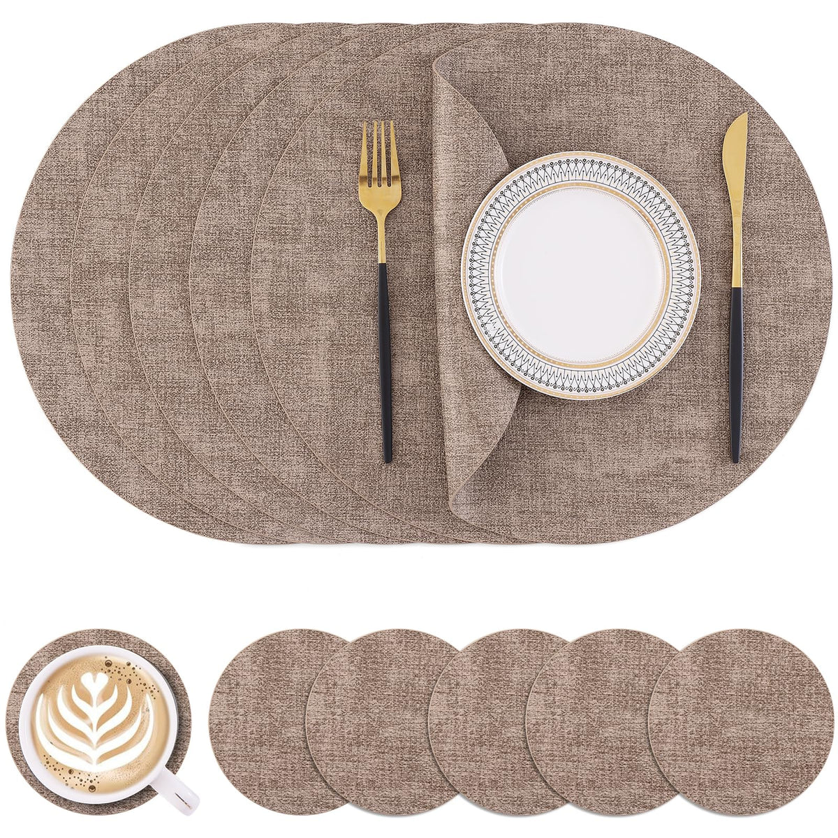 Homaxy Round Faux Leather Placemats and Coasters, Set of 6, Beige