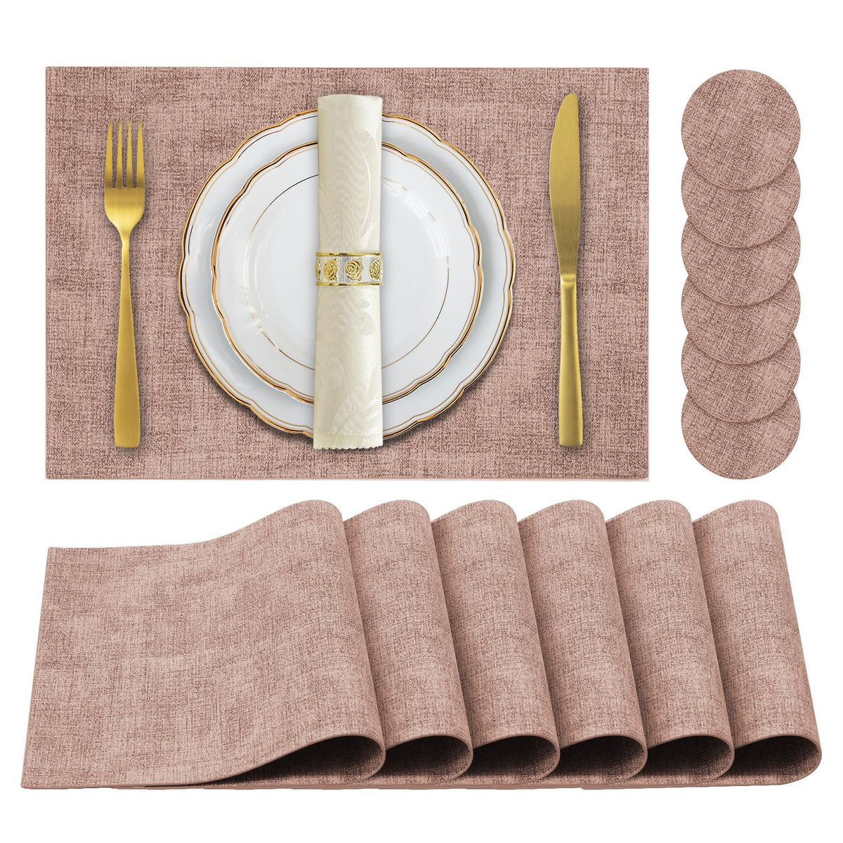 Faux Leather Placemats Set of 6,Heat Resistant Placemats for Dining Table, Easy Clean Non-Slip Place Mats, Waterproof Stain Resistant Wipeable Washable PU Table Mats, (Coffee)