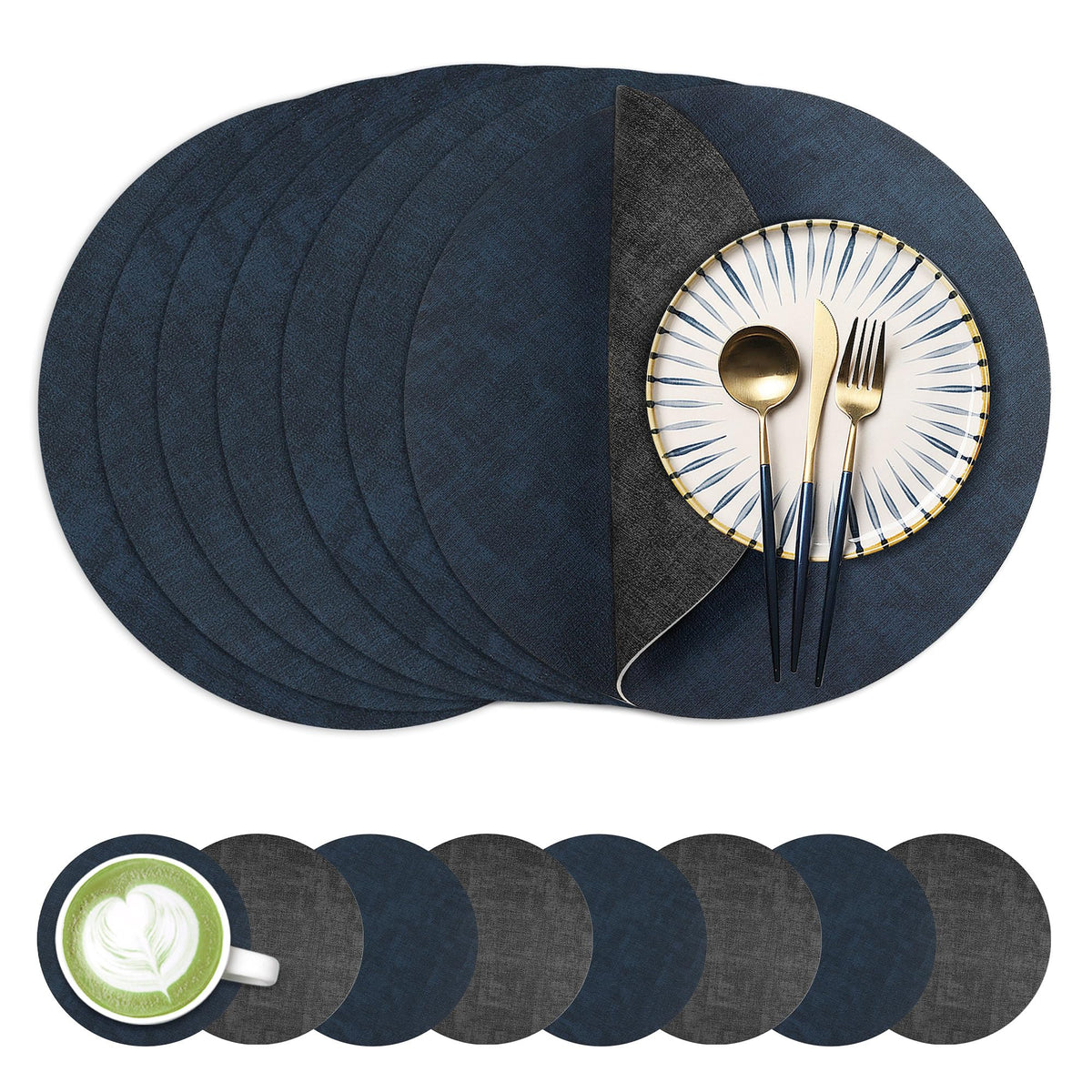 Fyvva Placemats Set of 6, 13" Round Reversible Faux Leather with Coasters