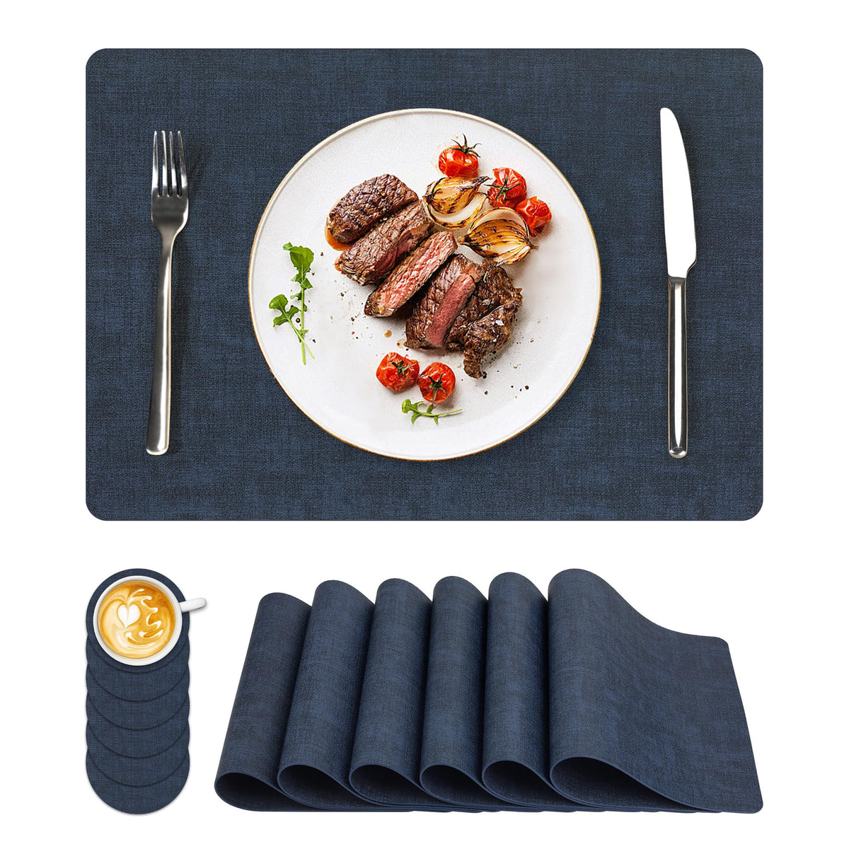 NCUE Vinyl Placemats Set of 8, 17"x12" Wipeable Place Mats with Coasters