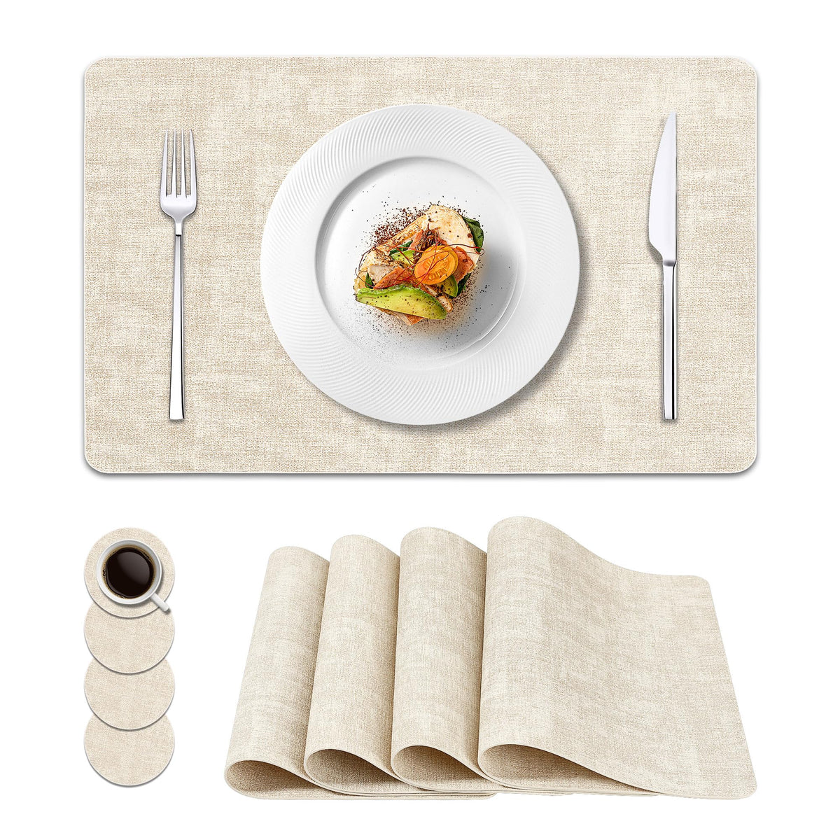 NCUE Vinyl Placemats Set of 8, 17"x12" Wipeable Place Mats with Coasters