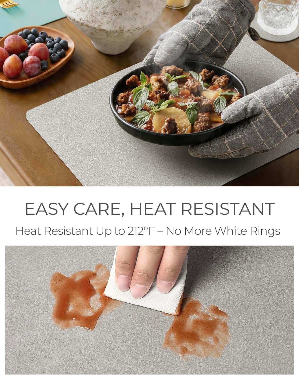 Reversible Faux Leather Placemats and Coasters Set of 4, 12x17 Inch – Hotel-Quality Heat Resistant & Waterproof Wipeable Table Mats, Non-Slip for Dining Kitchen (Mist Blue)