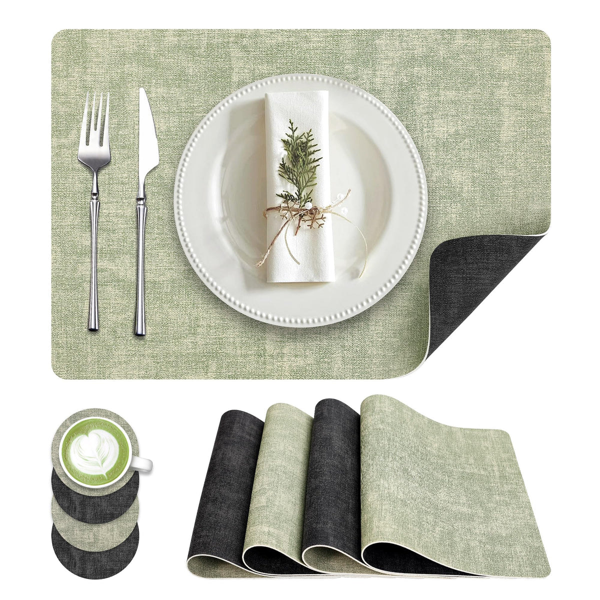 Fyvva Placemats Set of 6, 13" Round Reversible Faux Leather with Coasters