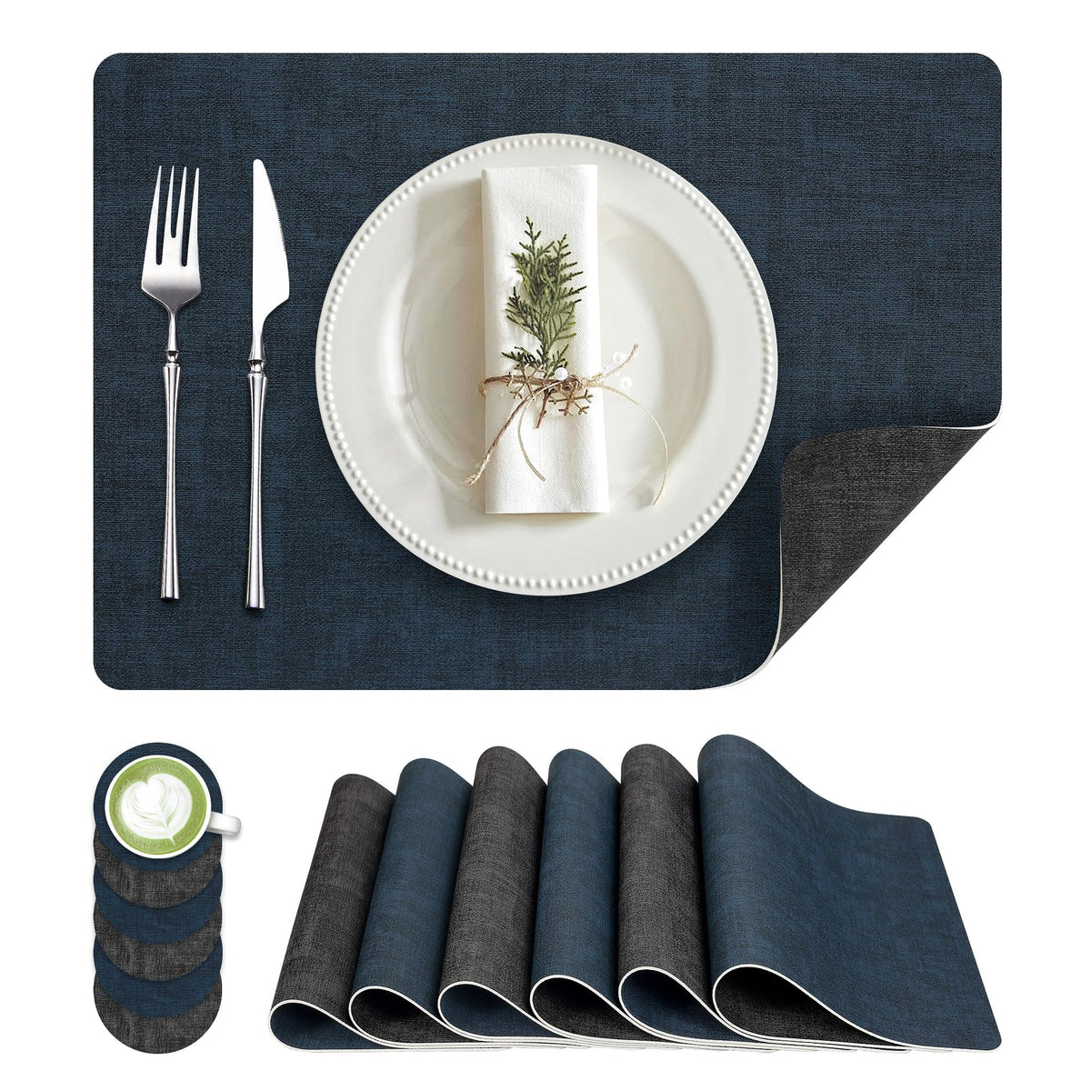 Fyvva Placemats Set of 6, 13" Round Reversible Faux Leather with Coasters