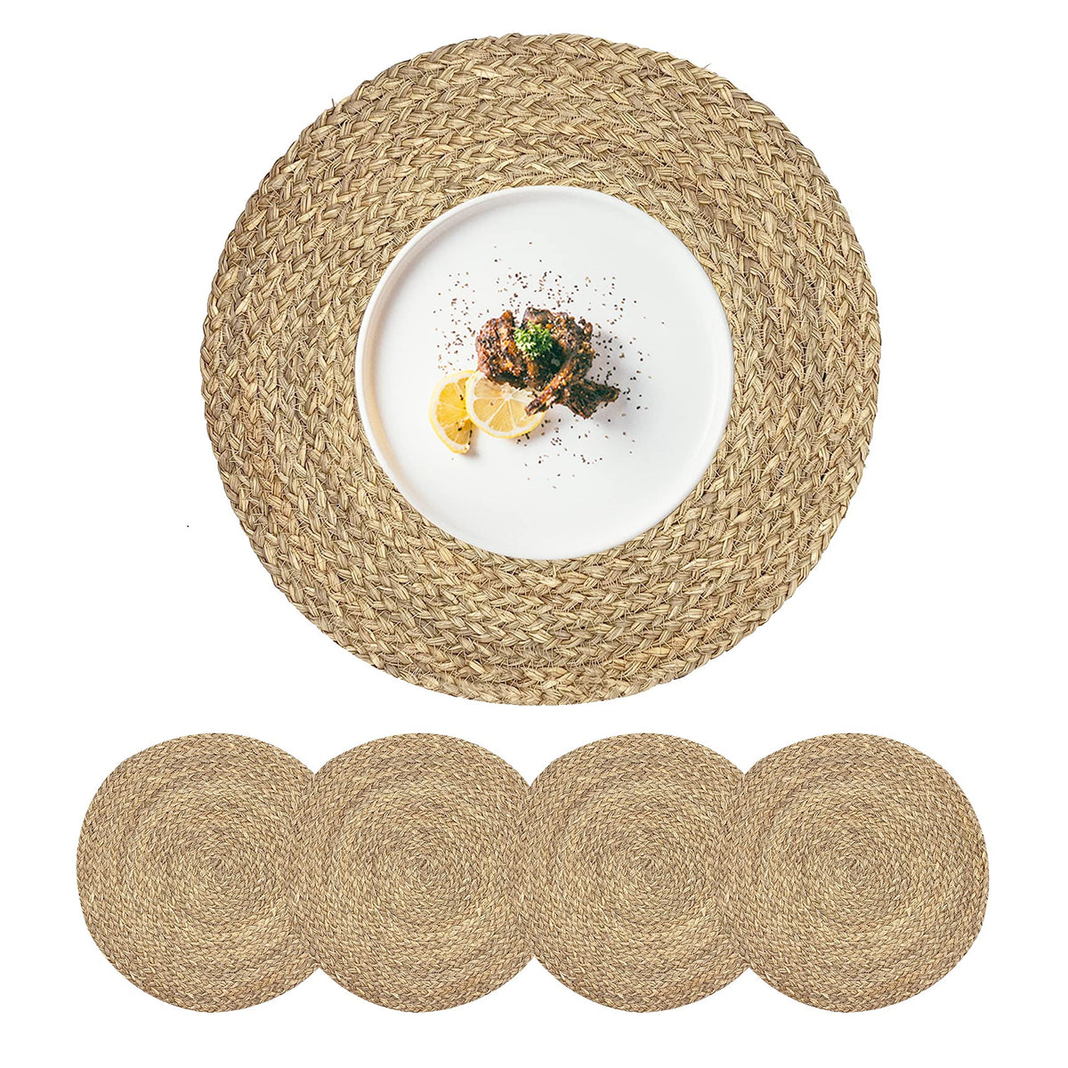 Woven Placemats Round Placemats Set of 6, 13.5 Inch Wicker Placemat Circle Rattan Placemats Farmhouse Boho Braided Natural Water Hyacinth Place Mats for Indoor & Outdoor Table Decor