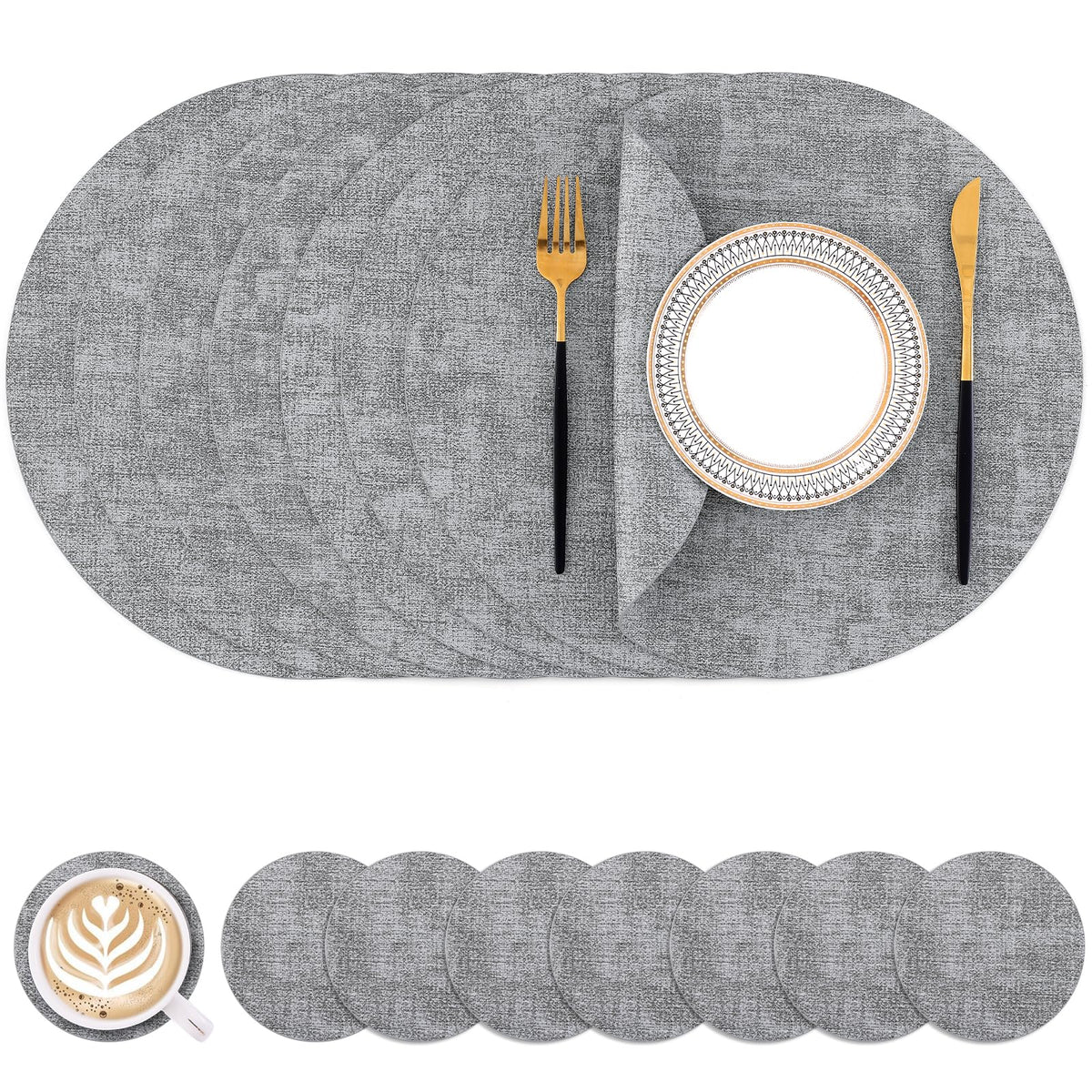 Homaxy Round Faux Leather Placemats and Coasters, Set of 4, Beige