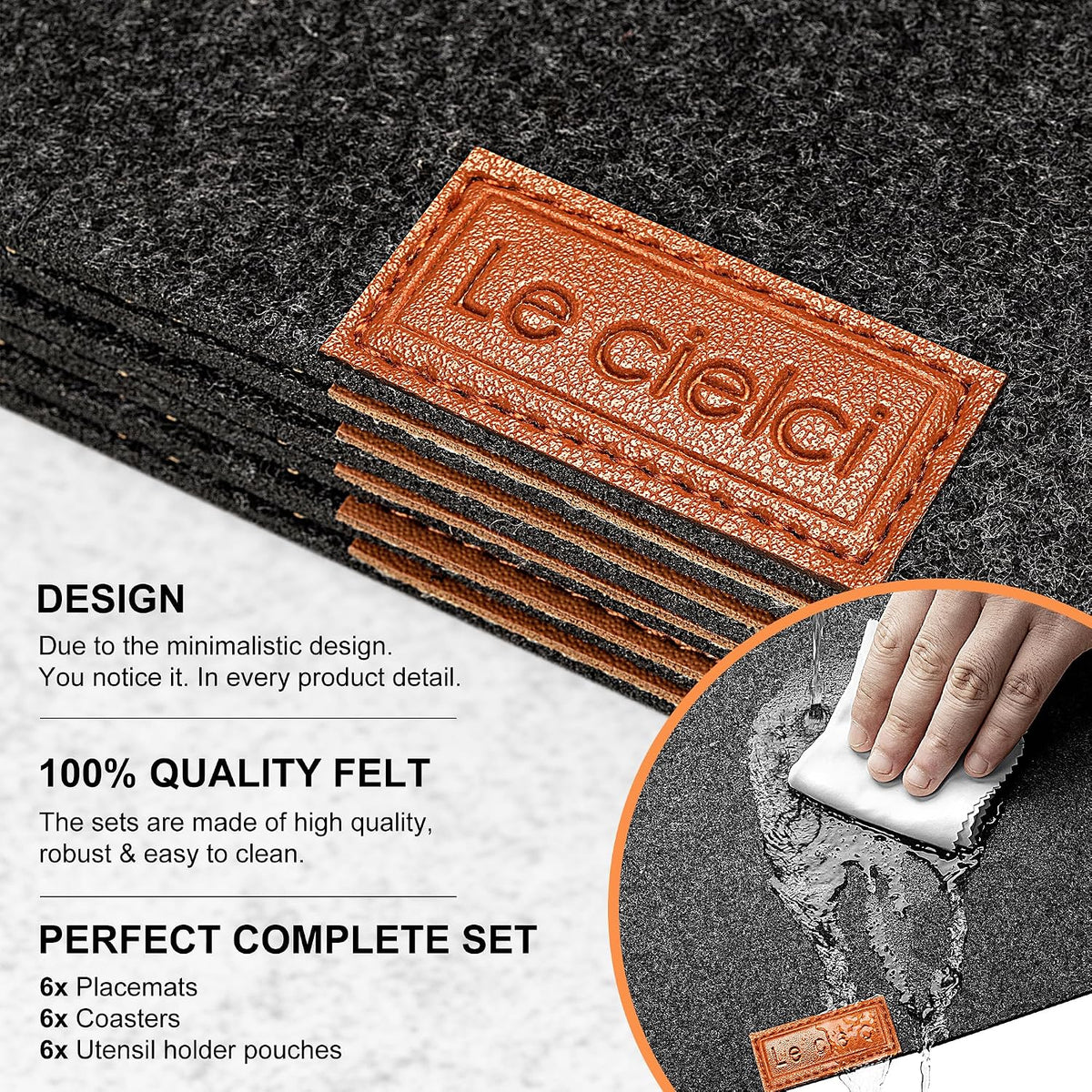 6 Placemats, 6 Coasters & 6 Cutlery Bags, Dark Gray Felt Table Mats
