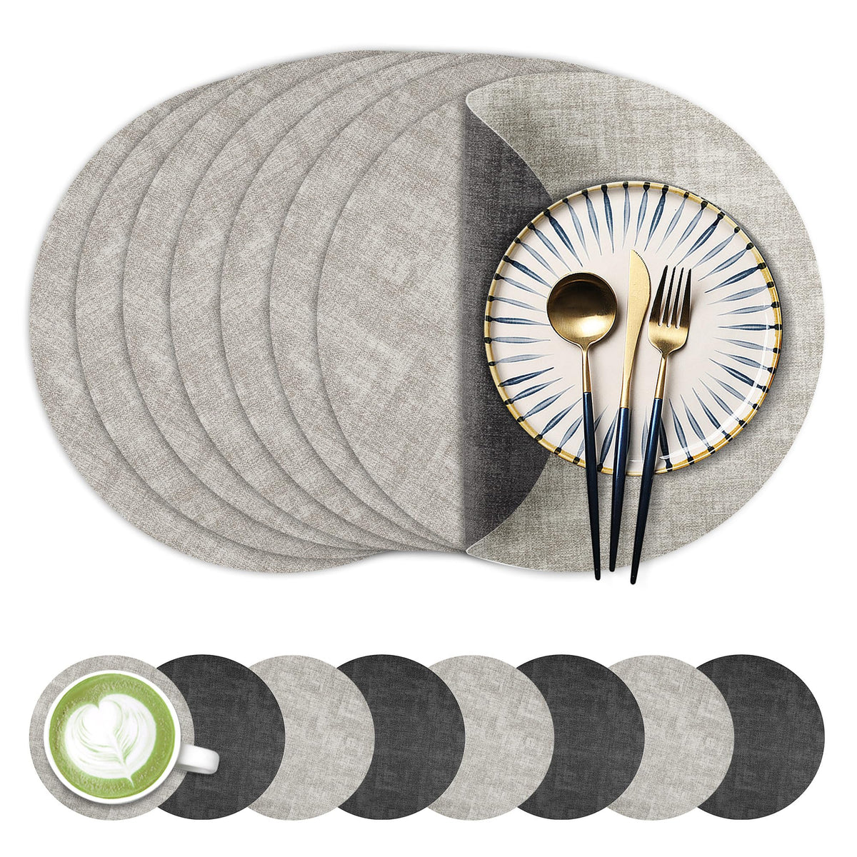 Fyvva Placemats Set of 6, 13" Round Reversible Faux Leather with Coasters