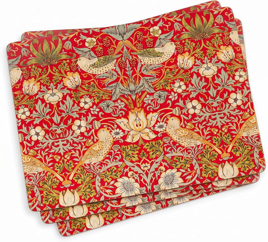 Pimpernel Morris & Co Strawberry Thief Red Placemats, Set of 4 - Heat & Stain Resistant, Cork Back Table Mats Featuring Classic Birds & Botanical Design - Minimal Tableware for Hosting