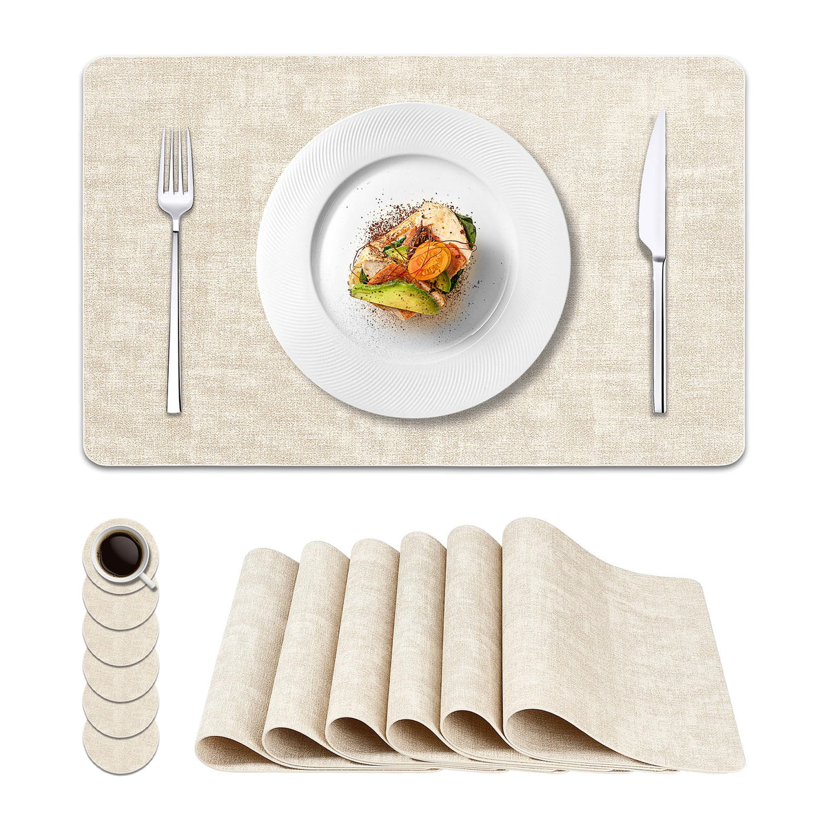 NCUE Vinyl Placemats Set of 8, 17"x12" Wipeable Place Mats with Coasters