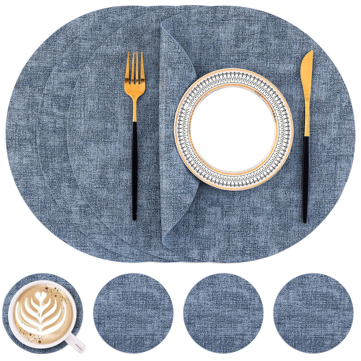 Homaxy Round Faux Leather Placemats and Coasters, Set of 6, Beige