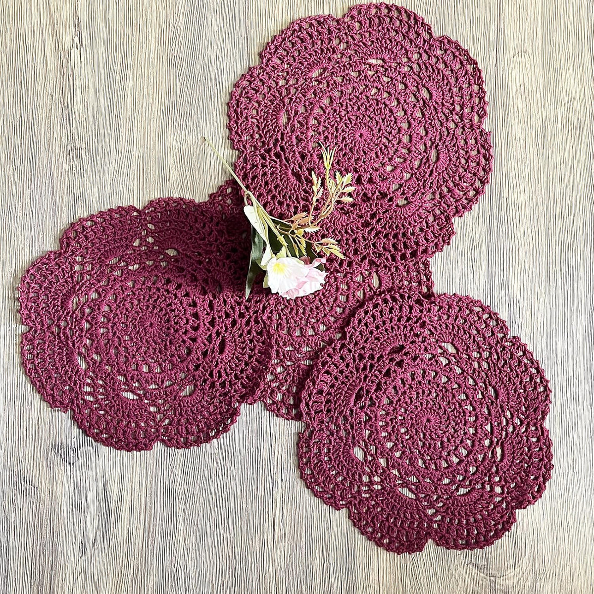 Phantomon 8 Inch Doilies Crochet Round Lace Doily Handmade Placemats 100% Cotton Crocheted Coasters, Pack of 4 (Burgundy)