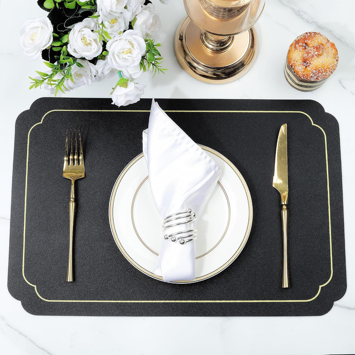 fanquare Black Faux Leather Placemats with Gold Trim Placemats and Coasters Set of 6 Large Rectangular Table Mats Heat Resistant and Easy to Clean