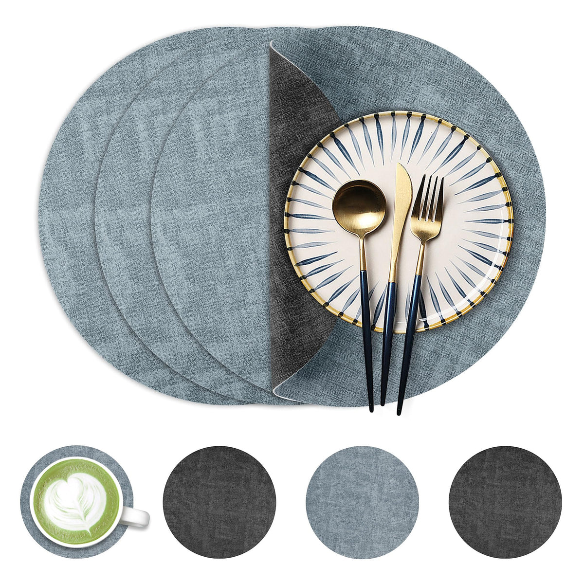 Fyvva Placemats Set of 6, 13" Round Reversible Faux Leather with Coasters