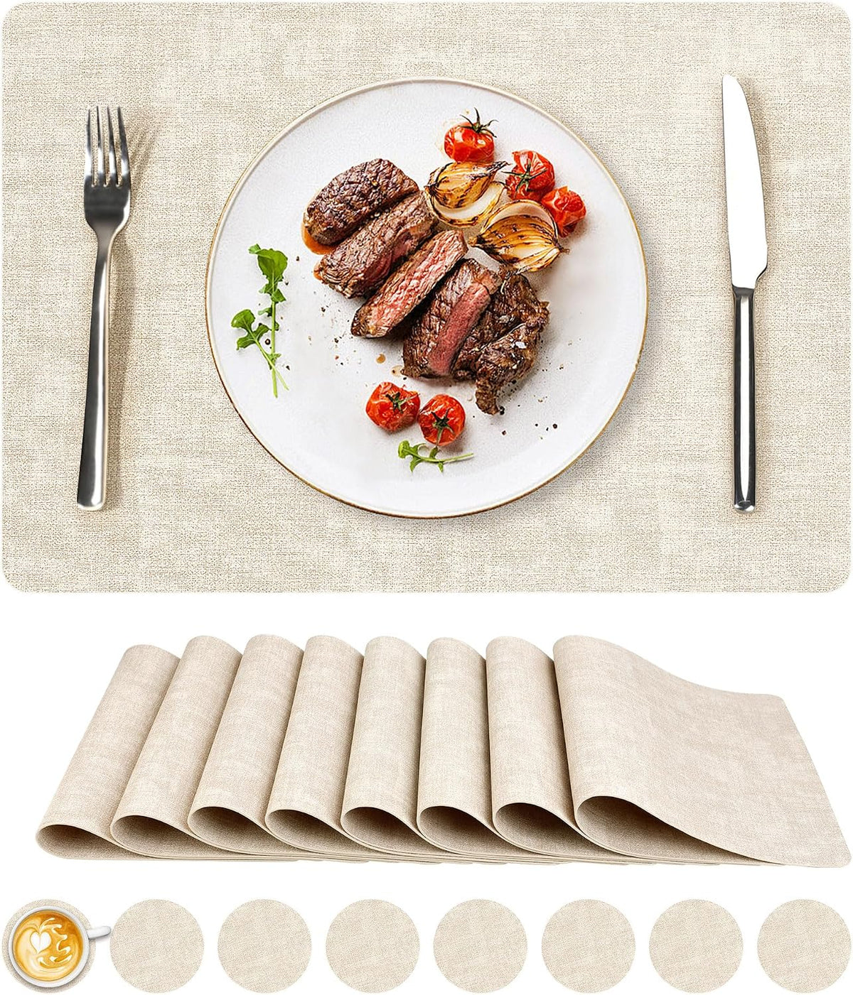 NCUE Vinyl Placemats Set of 8, 17"x12" Wipeable Place Mats with Coasters