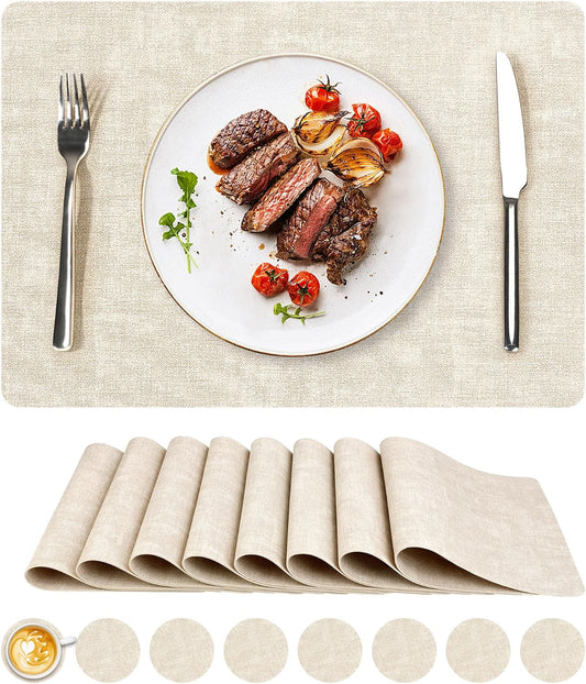 NCUE Vinyl Placemats Set of 8, 17"x12" Wipeable Place Mats with Coasters