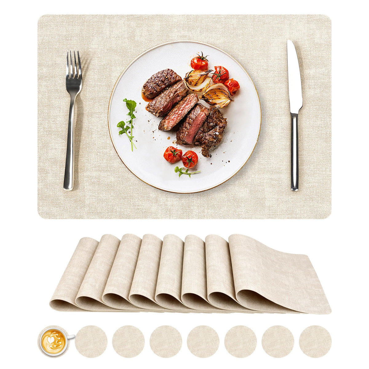NCUE Vinyl Placemats Set of 8, 17"x12" Wipeable Place Mats with Coasters