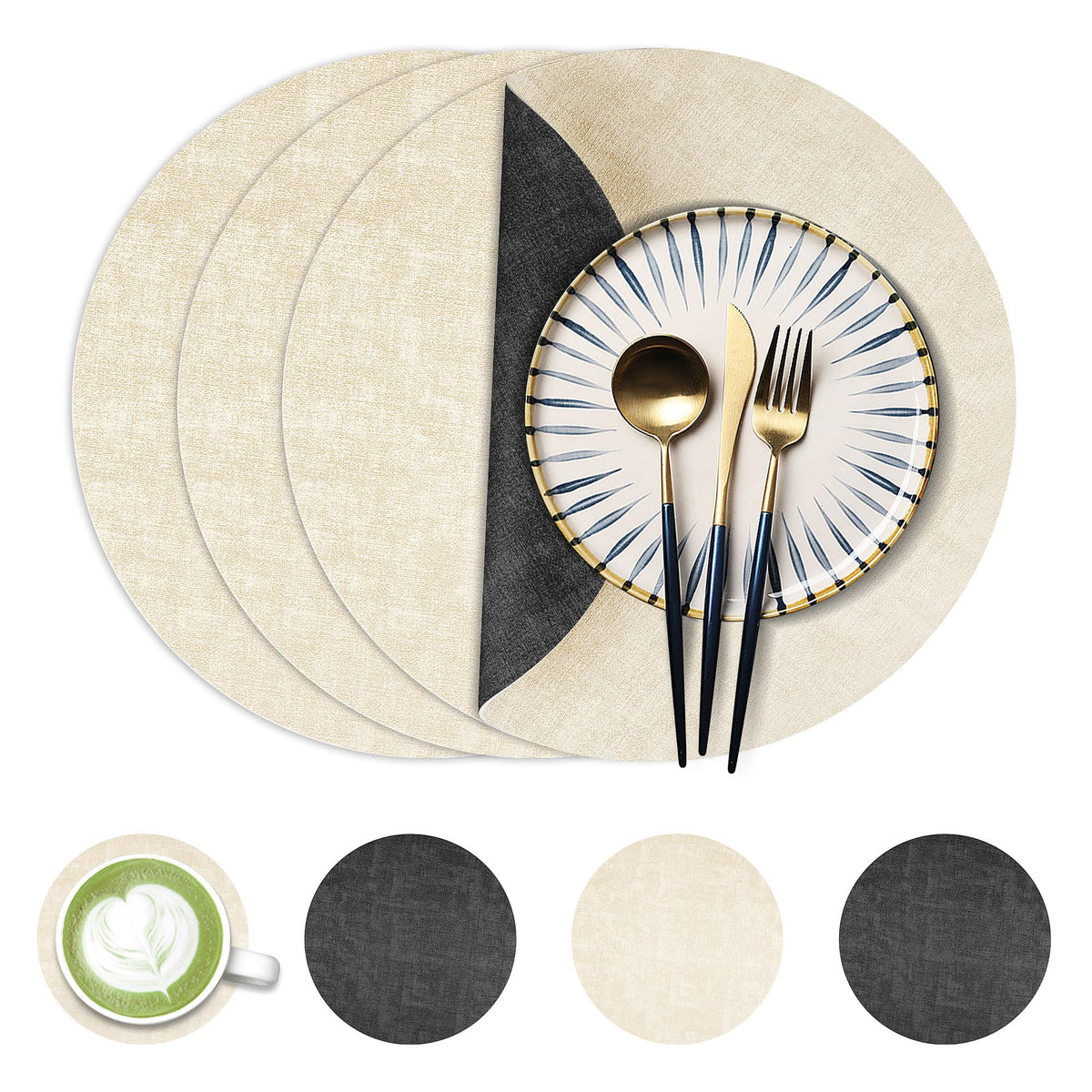Fyvva Placemats Set of 6, 13" Round Reversible Faux Leather with Coasters