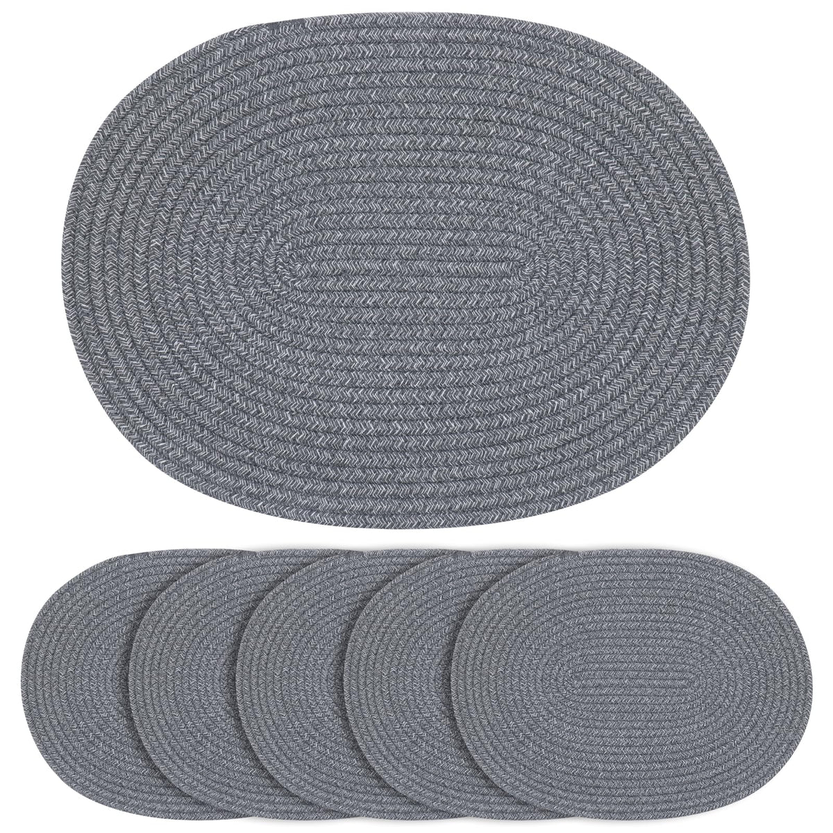 Oval Woven Cotton Placemats Set of 6, Thick Braided Rope Table Mats, 17 x 13 Inches Large Non Slip Heat Resistant Place Mats for Dining Table, Farmhouse Boho Hot Pads for Kitchen Decor (6, Black)