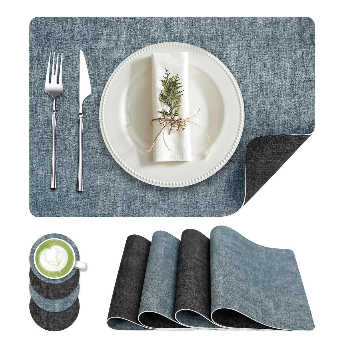 Fyvva Placemats Set of 6, 13" Round Reversible Faux Leather with Coasters