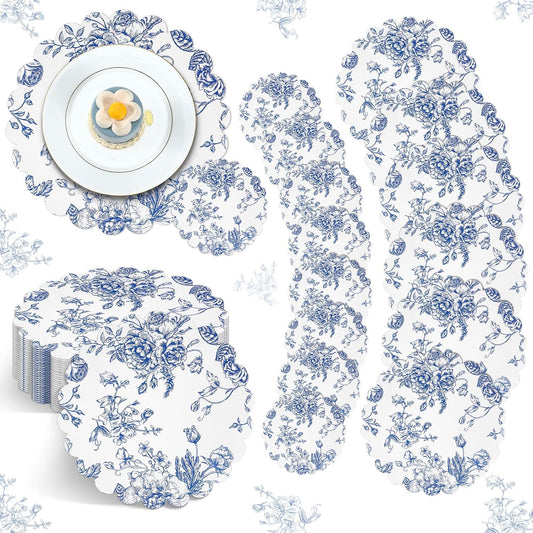 100 Pcs Vintage Blue Floral Paper Placemats Coaster Scalloped Edge