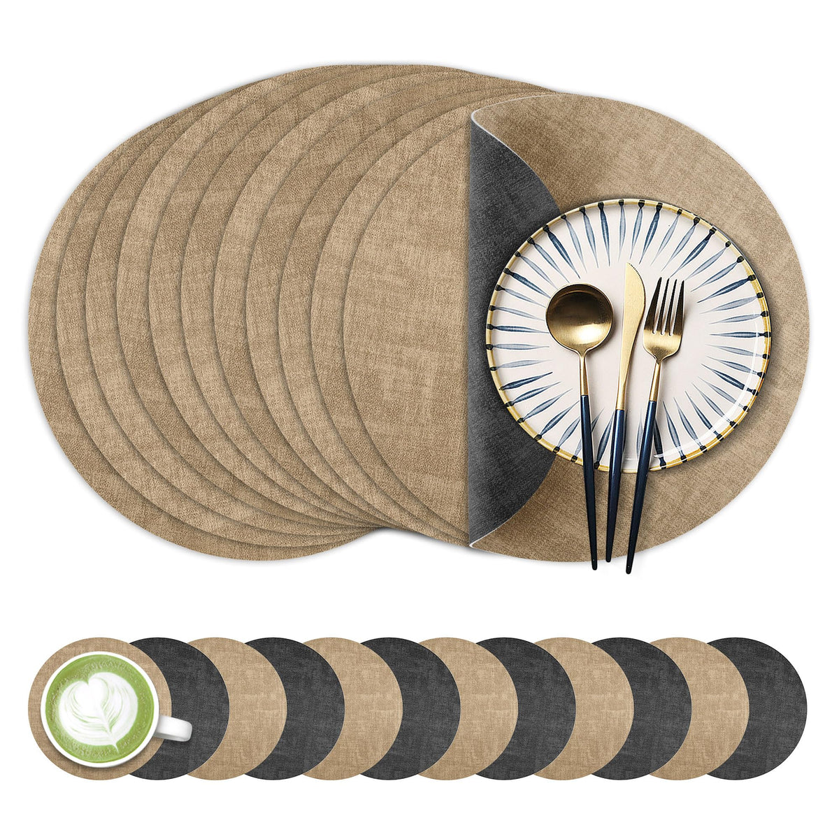 Fyvva Placemats Set of 6, 13" Round Reversible Faux Leather with Coasters