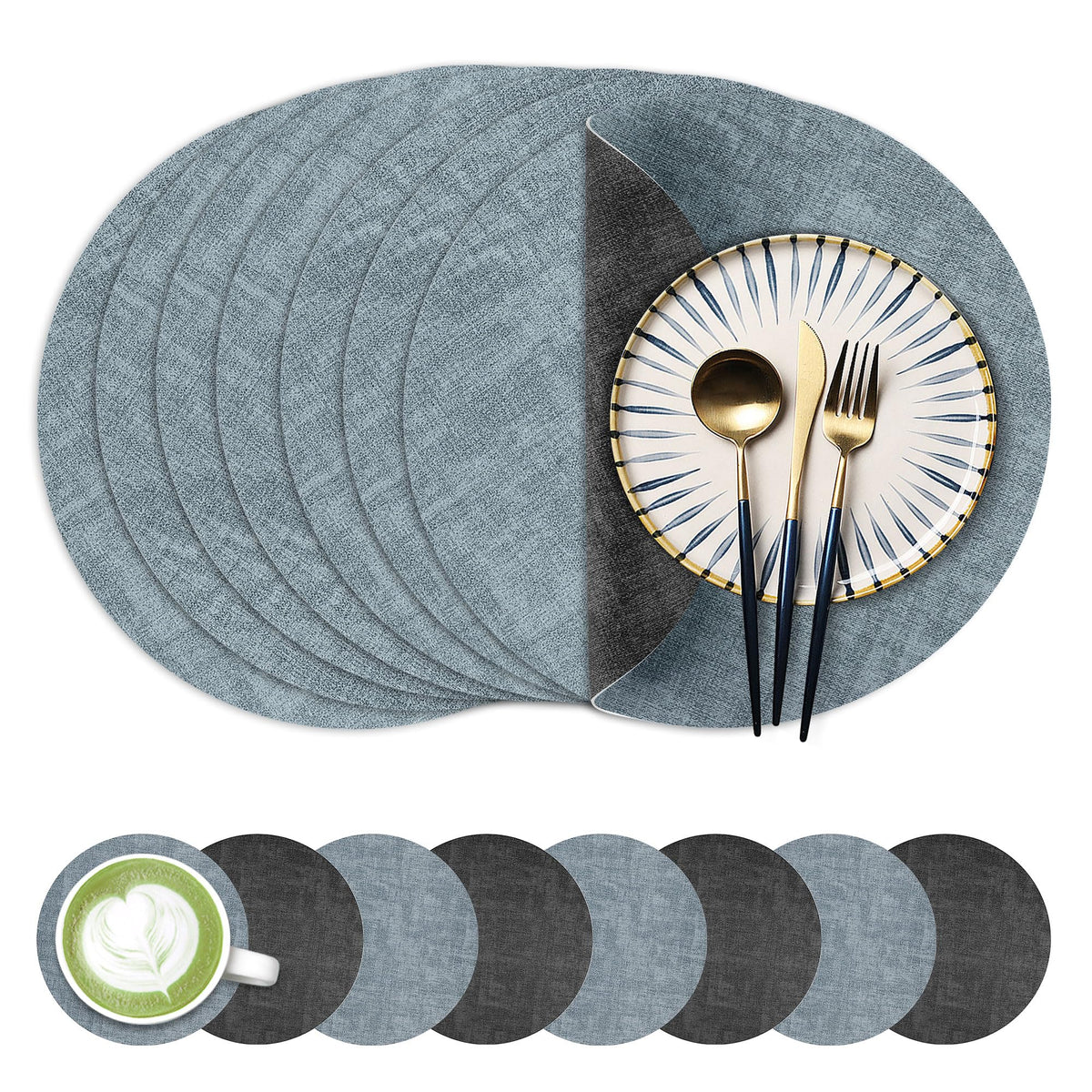 Fyvva Placemats Set of 6, 13" Round Reversible Faux Leather with Coasters