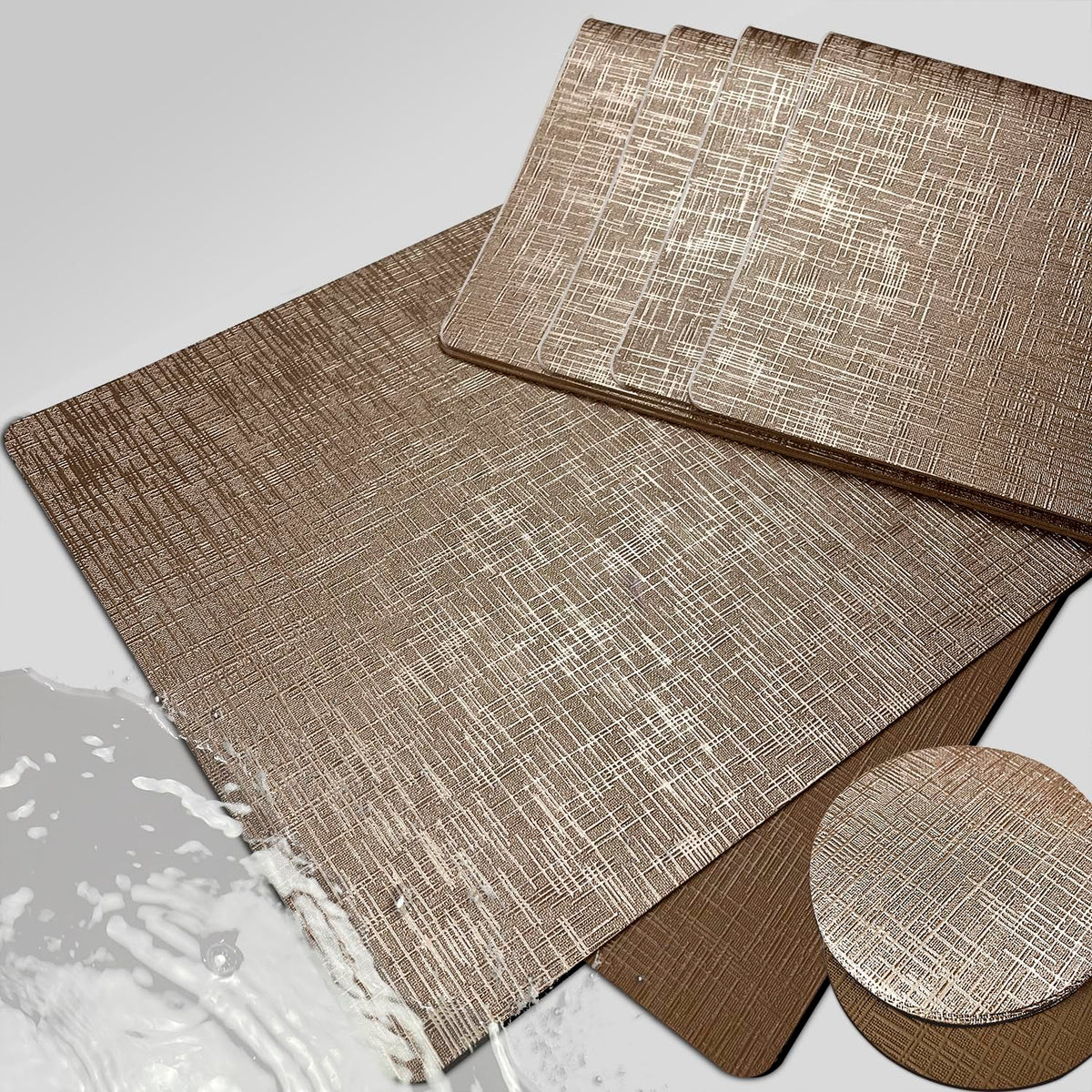 Elegant Placemats and Coasters Set 6, Vinyl Washable Place Mats with Non-Slip Stripes & Metallic Finish, Durable Dining Table Placemats Sets of 6, Dinner Table Mat with Coasters for Table Decor-Silver