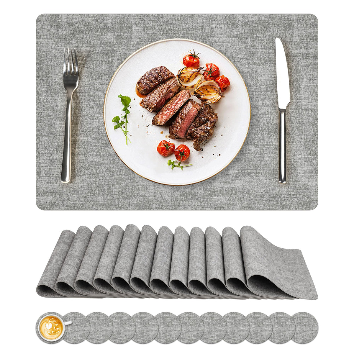 NCUE Vinyl Placemats Set of 8, 17"x12" Wipeable Place Mats with Coasters
