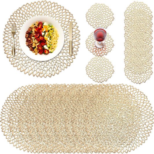 Vesici 24 Pcs Gold Round Pressed Vinyl Metallic Placemats Coasters Set