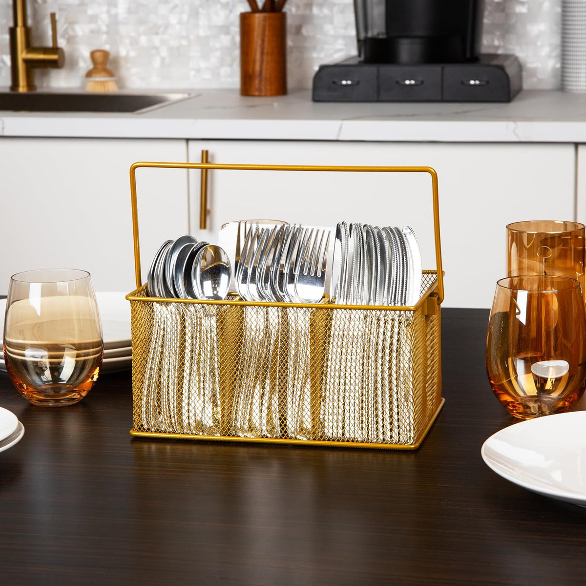 Mind Reader Multi-purpose Storage Caddy with Handle, Desktop Organizer, Cutlery Holder, 4 Compartments, Metal Mesh, Gold