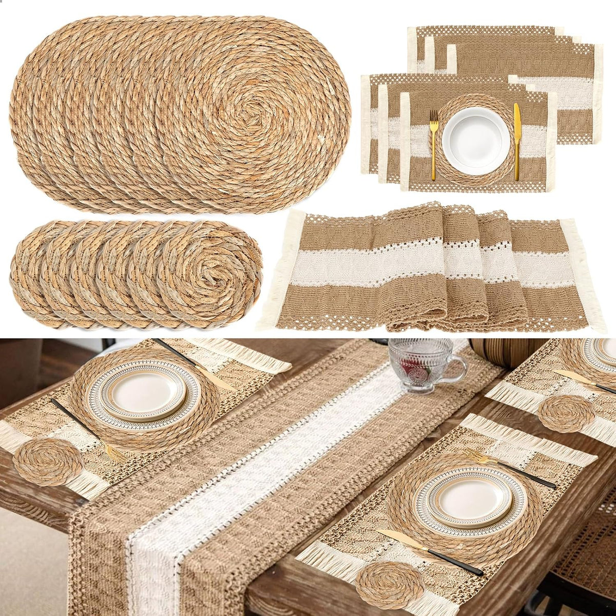 Boho Placemats Set of 6,Table Runner with Matching Round Woven Placemats,Macrame Table Decor Farmhouse Style Natural Burlap Cotton Placemats for Kitchen and Dining Table Centerpiece Home Decorations