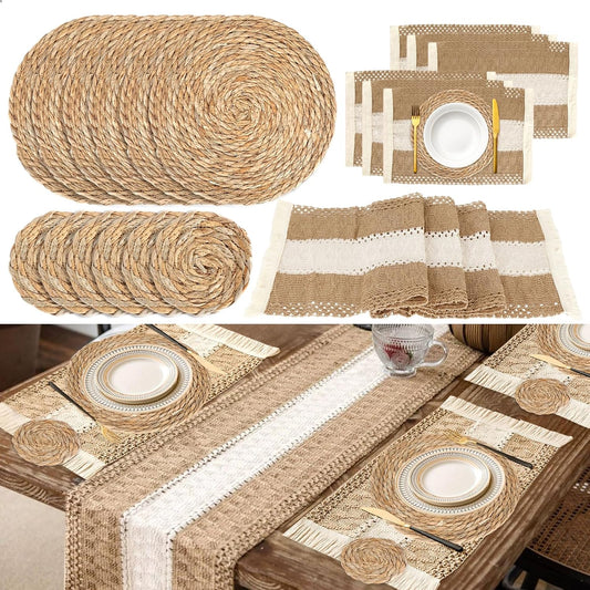 Boho Placemats Set of 6,Table Runner with Matching Round Woven Placemats,Macrame Table Decor Farmhouse Style Natural Burlap Cotton Placemats for Kitchen and Dining Table Centerpiece Home Decorations