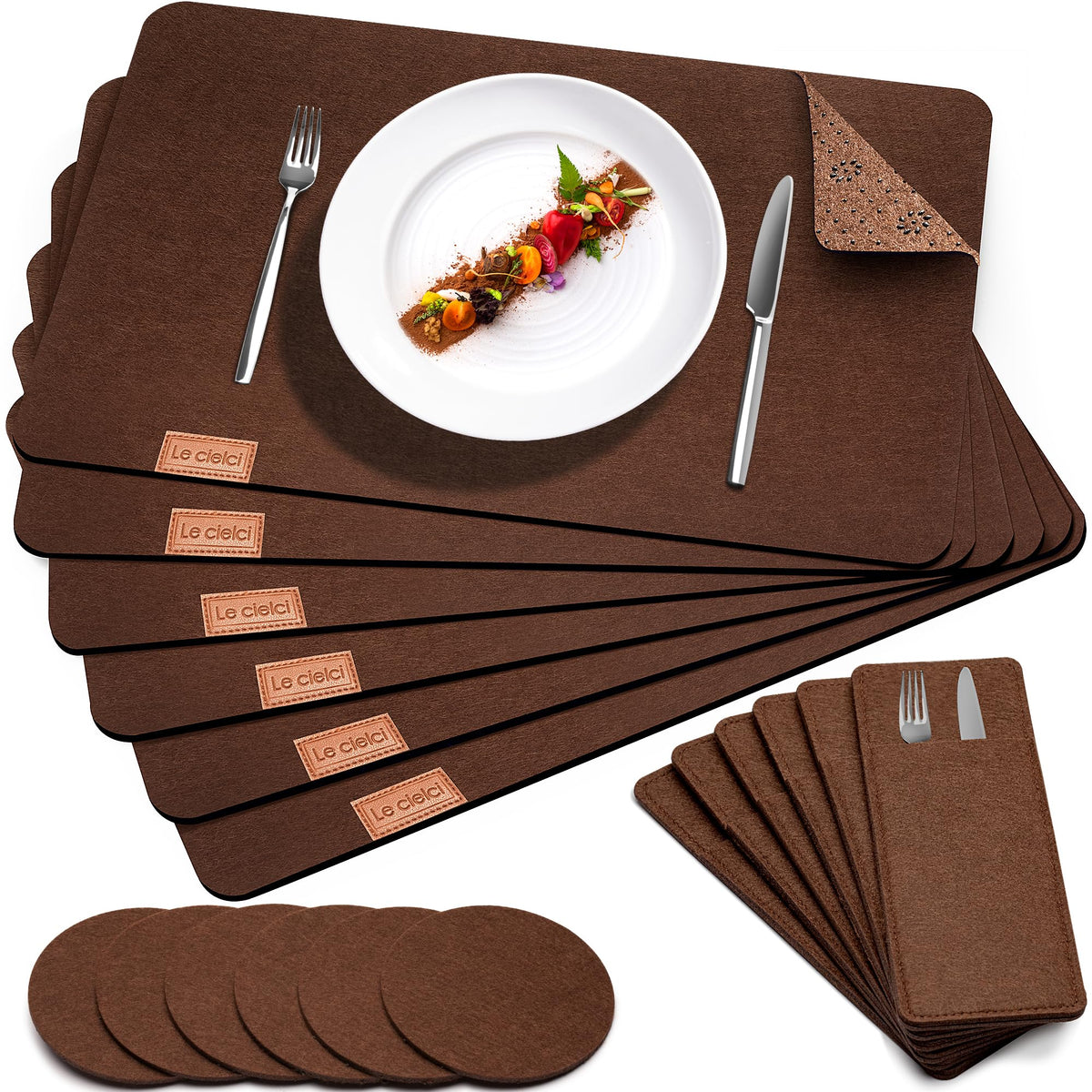 6 Placemats, 6 Coasters & 6 Cutlery Bags, Dark Gray Felt Table Mats