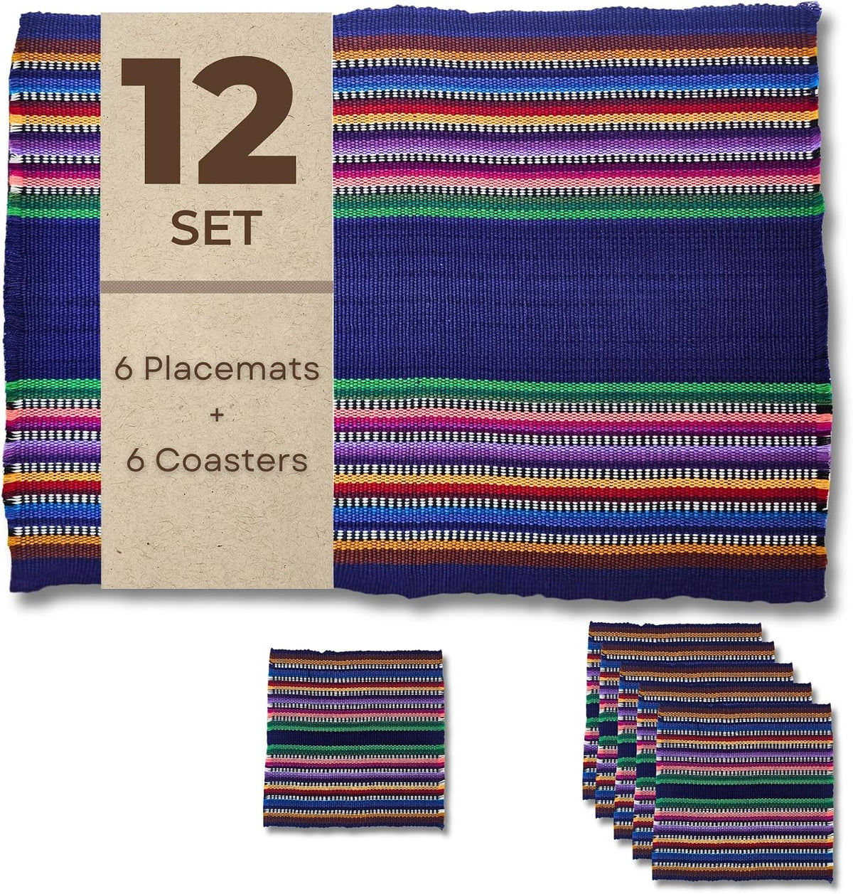 Set of 12 Handwoven Mexican Placemats and Coasters, 6 Cotton Placemats (11 x 15 in) with 6 Matching Drink Coasters, Vibrant Striped Dining Table Decor (Red)