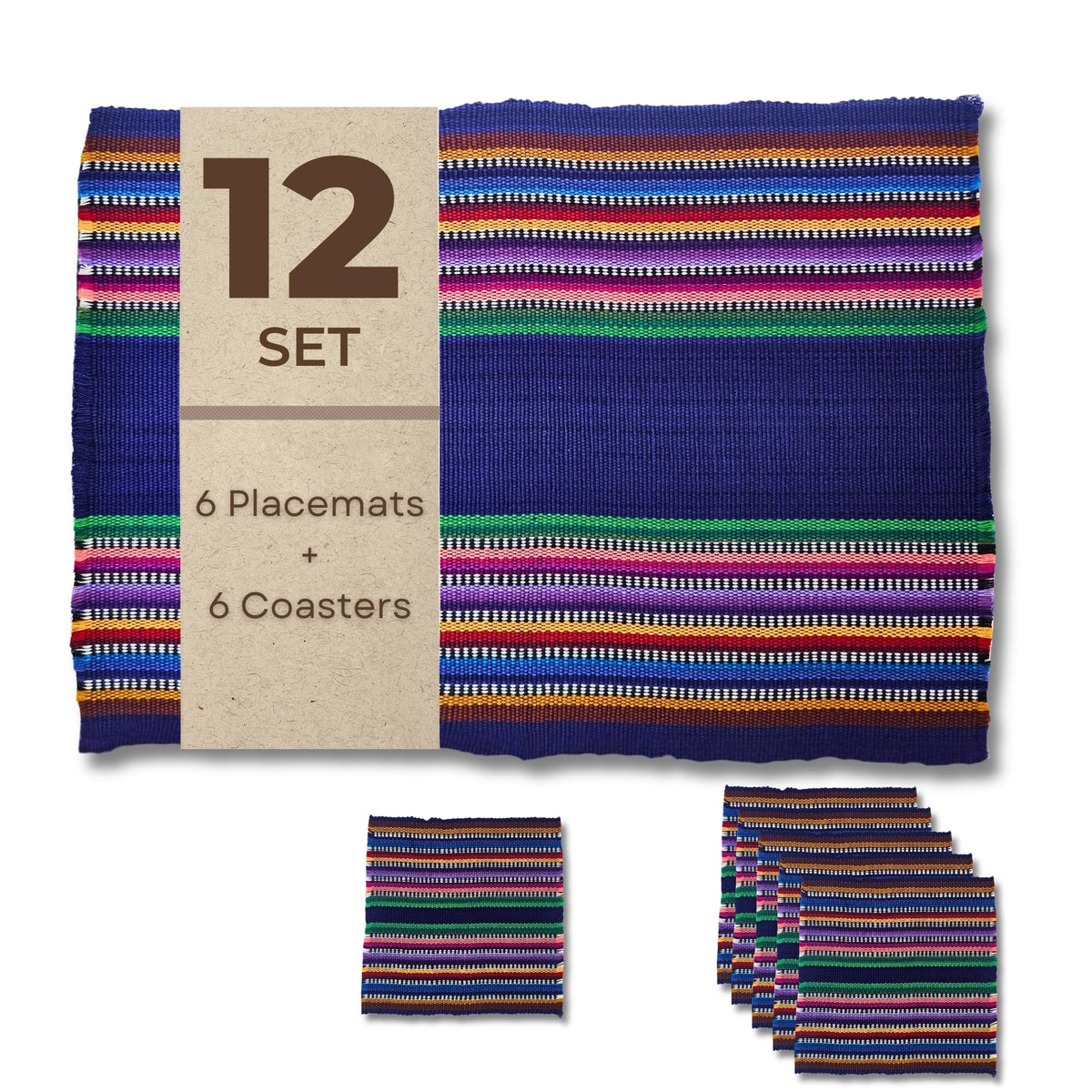 Set of 12 Handwoven Mexican Placemats and Coasters, 6 Cotton Placemats (11 x 15 in) with 6 Matching Drink Coasters, Vibrant Striped Dining Table Decor (Red)