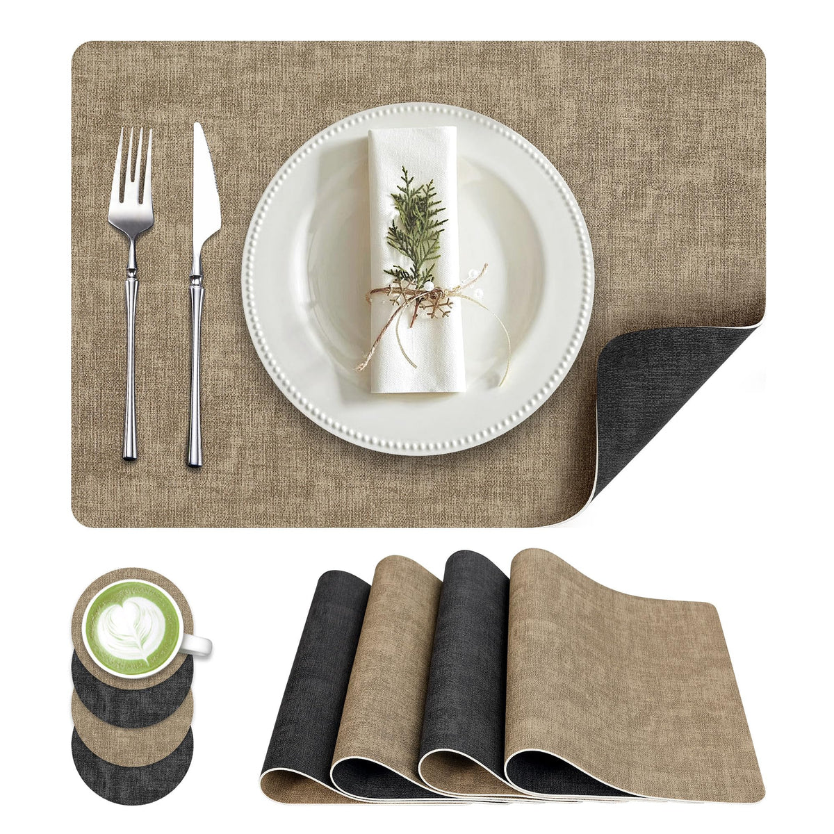 Fyvva Placemats Set of 6, 13" Round Reversible Faux Leather with Coasters