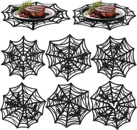 JarThenaAMCS 60Pcs Halloween Glitter Spider Web Disposable Paper Placemats Black Spiderweb Dining Table Mat Place Mats for Trick or Treat Party Home Table Setting, 13 x 13 Inch