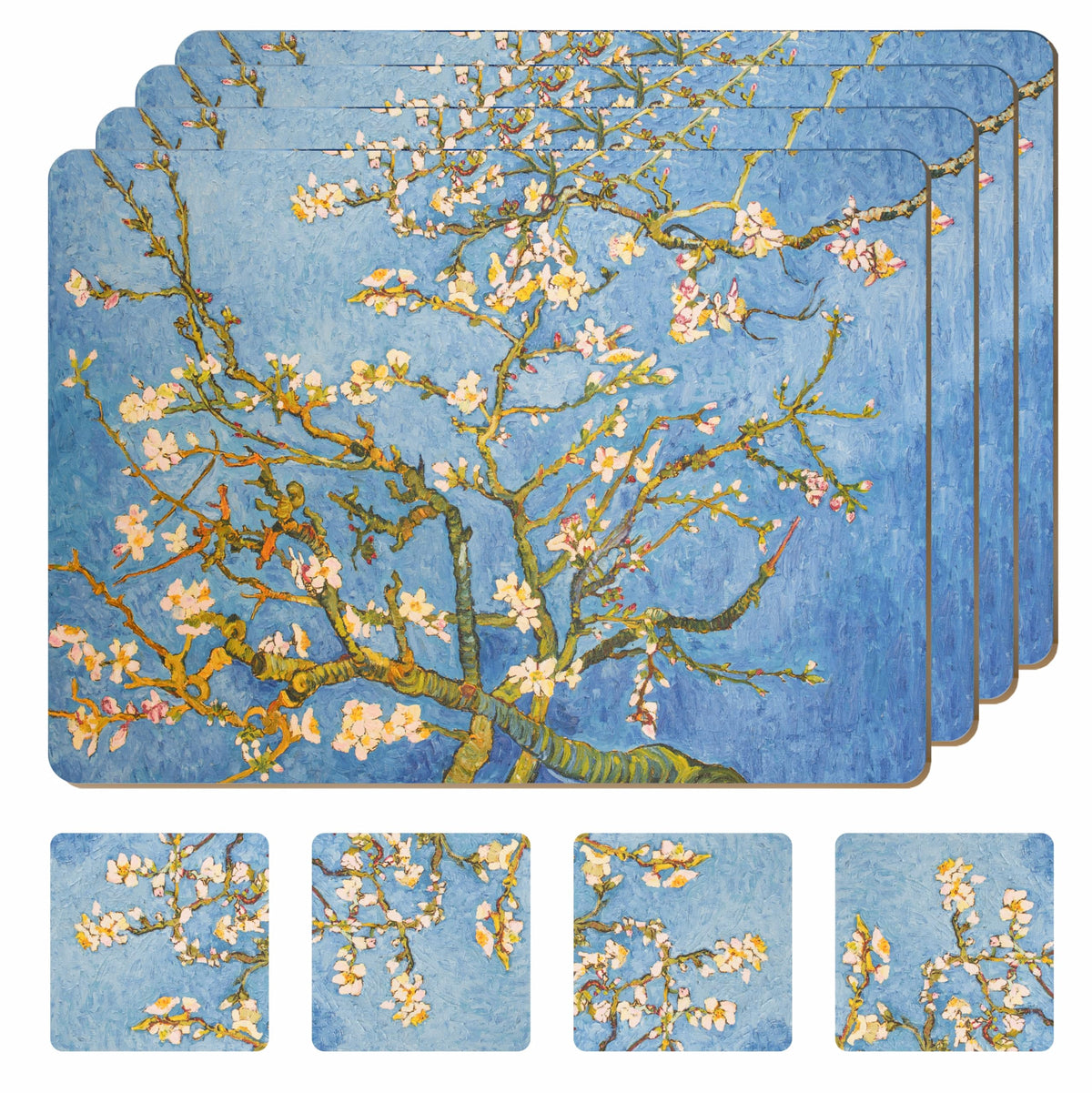 Set of 4 Heat Resistant Cork Placemats for Dining Table with Free Set of 4 Matching Drink Coasters Marble Design 16 x 12 Inches Cork Backed Hard Placemats (Black & Gold)