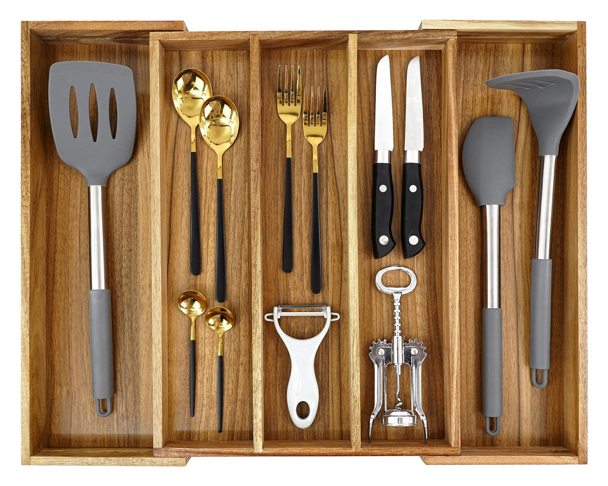 EcoFives Luxury Acacia Kitchen Drawer Organizer - Silverware Organizer - Utensil Holder and Cutlery Tray with Grooved Drawer Dividers for Flatware and Kitchen Utensils (6 Slot)