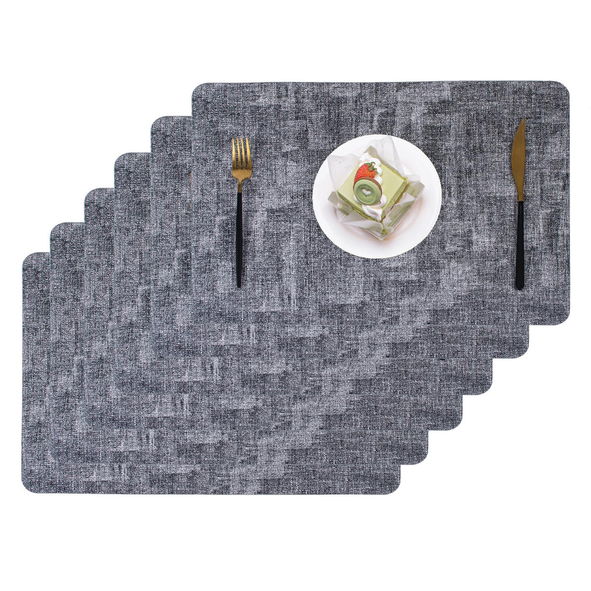 Placemats Set of 6, Leather Placemat with Coasters, Waterproof, Stain Resistant, Heat Resistant, Washable Wipeable, PU Table Mats for Kitchen Dining Table and Decor (Black Rectangle A, 6pcs)