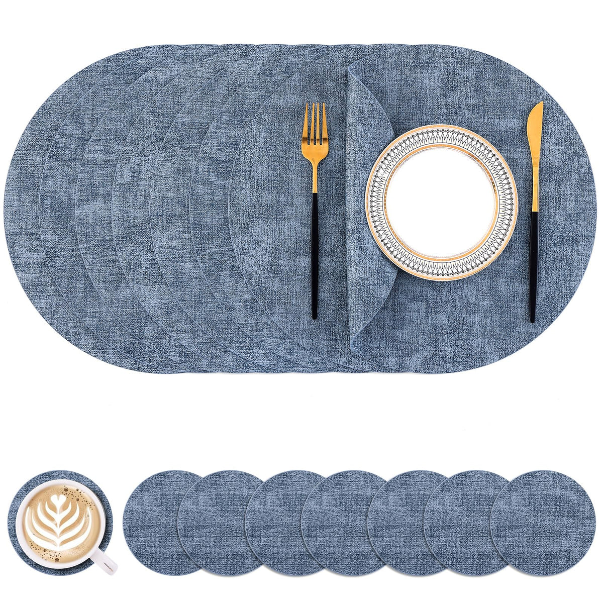 Homaxy Round Faux Leather Placemats and Coasters, Set of 4, Beige