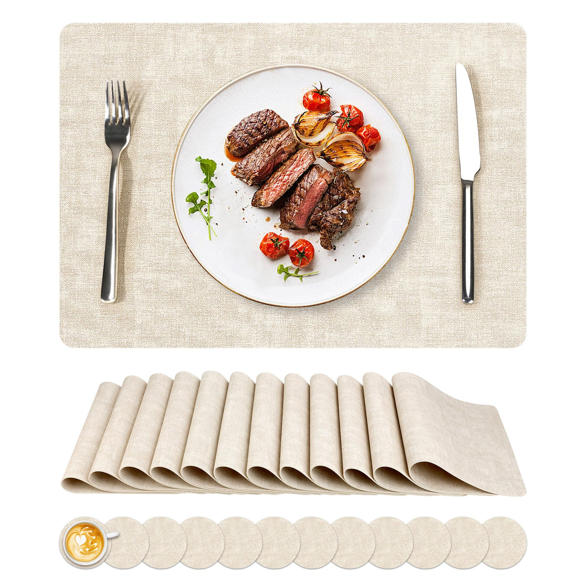 NCUE Vinyl Placemats Set of 8, 17"x12" Wipeable Place Mats with Coasters