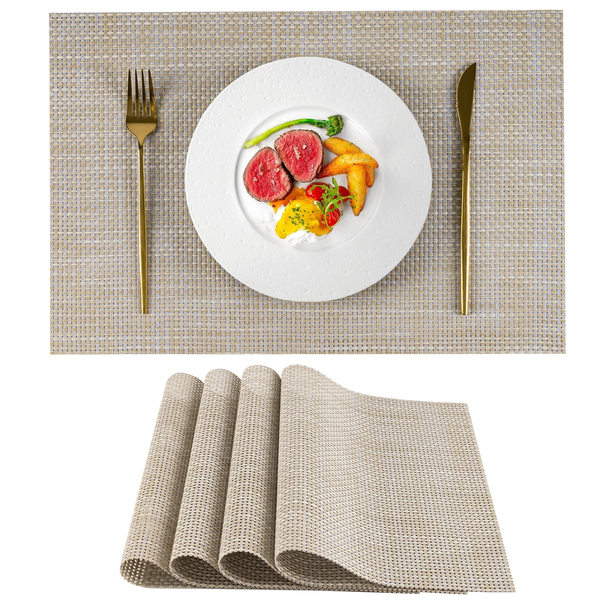 Placemats Set of 4 - Both-Side Usable Green & Gray Place Mats Durable Plastic Vinyl Woven Mats for Dining Table Deco, Heat-Resistant Table Mats Anti-Slip Wipeable (17.7 x 11.8 inch)