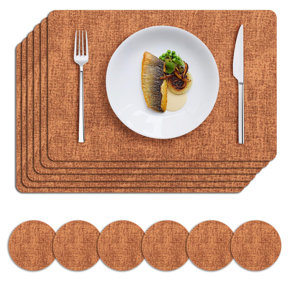 MOSAYT Placemats Set of 8, Heat Resistant Vinyl Place Mats with Coasters, Wipeable Washable 100% Waterproof Oil Proof Faux Leather Table Mats for Kitchen Dining Party Outdoor, 12" x 17", Orange