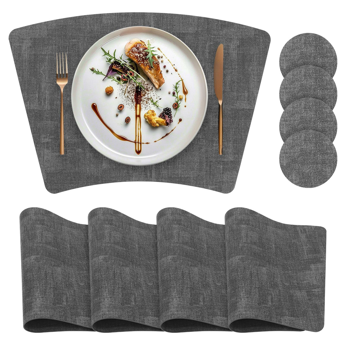 Round Table Placemats Set of 4, Wedge Shaped Faux Leather Table Mats, Heat Resistant Wipeable Washable Place Mats for Dining Table Dinner Kitchen Indoor Outdoor