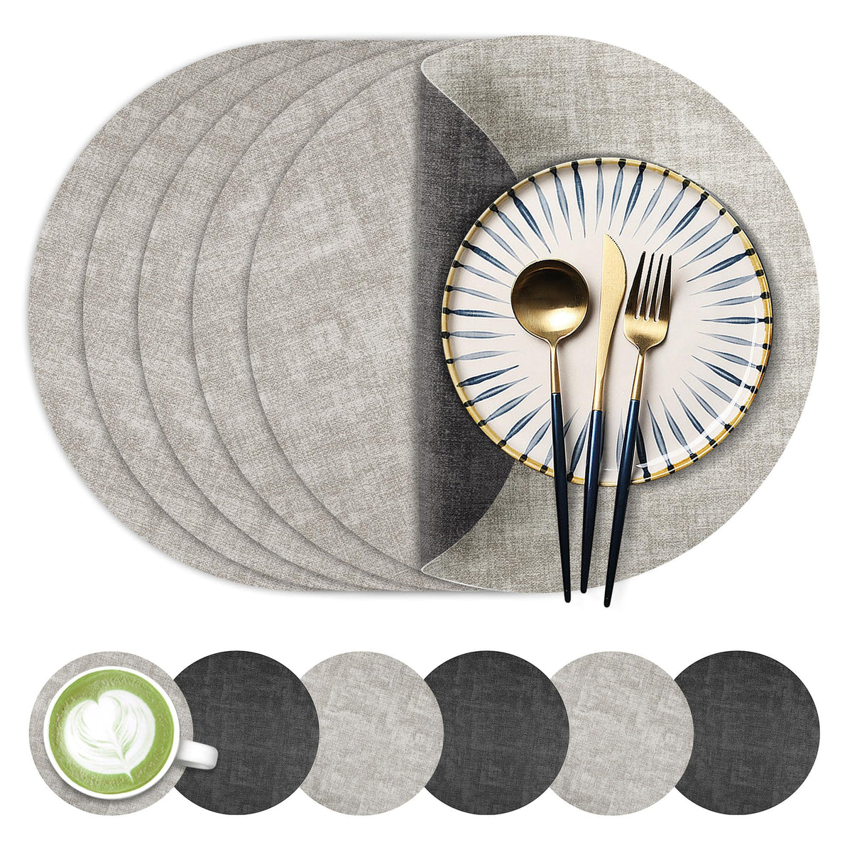 Fyvva Placemats Set of 6, 13" Round Reversible Faux Leather with Coasters