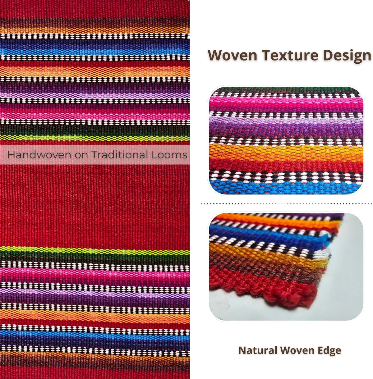 Set of 12 Handwoven Mexican Placemats and Coasters, 6 Cotton Placemats (11 x 15 in) with 6 Matching Drink Coasters, Vibrant Striped Dining Table Decor (Red)