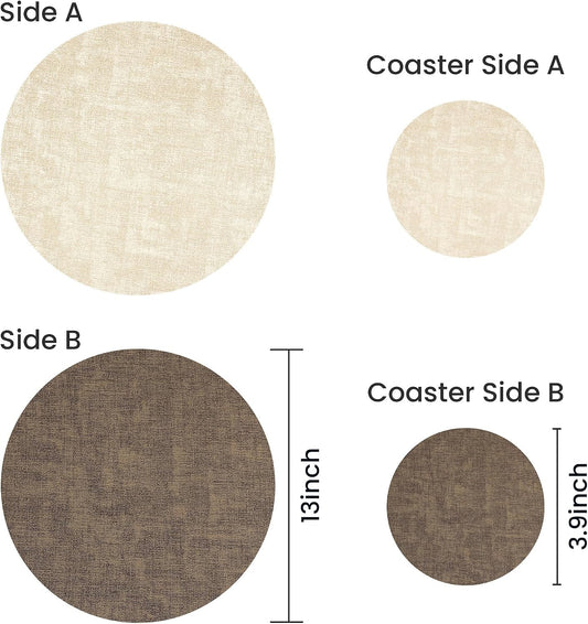 Fyvva Placemats Set of 8, 13" Round Reversible Faux Leather with Coasters